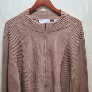 Elisabeth Sweater Womens 3X Brown Mock Neck‎ 1/2 Zip Suede Look Front Pullover